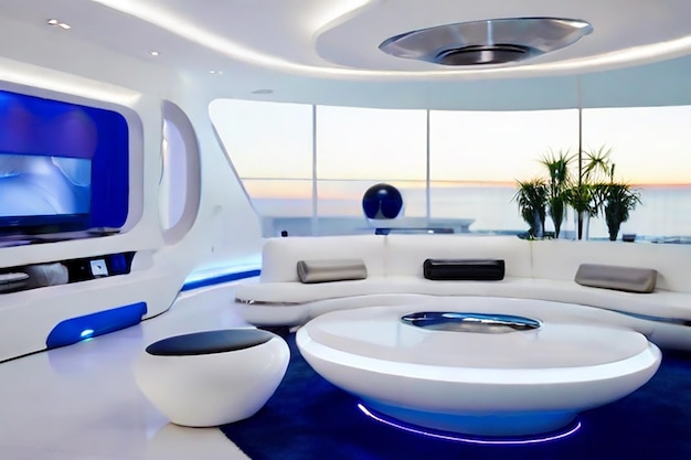 Cyberpunk living room with large white couch round tablefuturistic interior sofa luxurious house