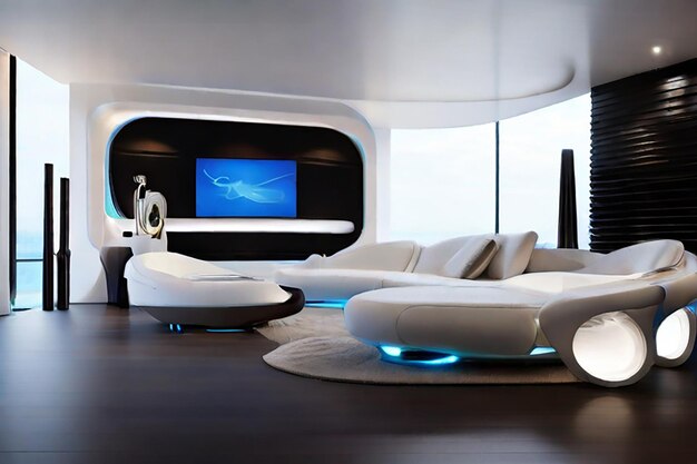 Cyberpunk living room with large white couch round tablefuturistic interior sofa luxurious house