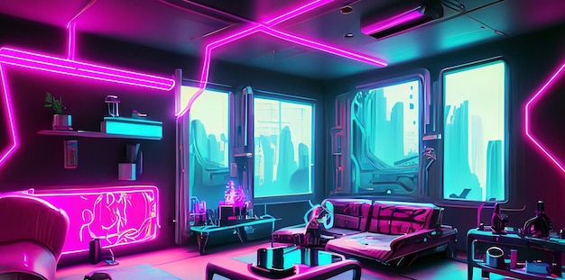 Cyberpunk luxurious living room with neon light it