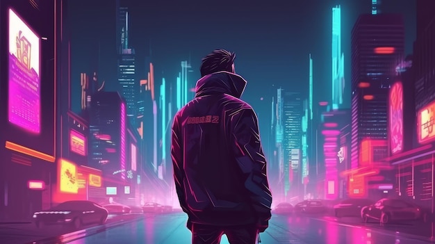 Cyberpunk man in futuristic city Game concept art with digital fantasy virtual reality and future fashion