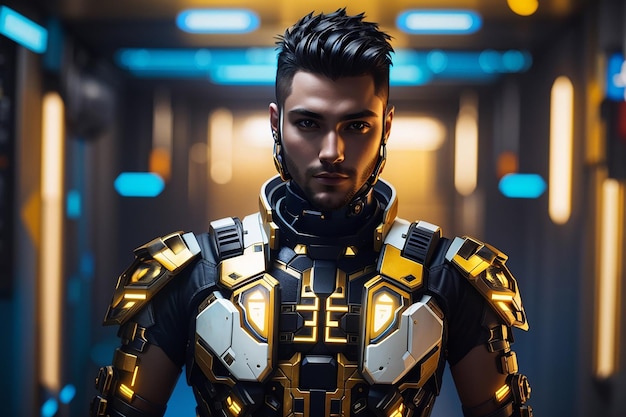 cyberpunk man male futuretech white gold suit
