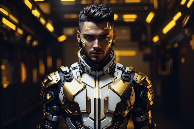 cyberpunk man male futuretech white gold suit