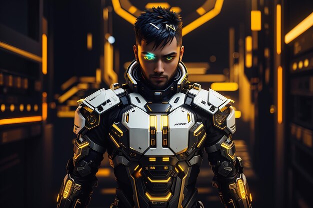 cyberpunk man male futuretech white gold suit