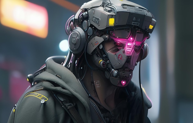 Cyberpunk Man portrait futuristic neon style wear a robotic headset