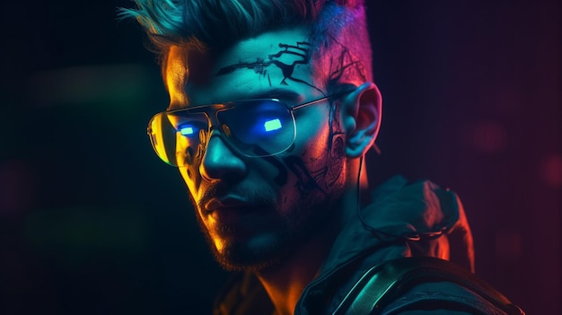 Cyberpunk man portrait futuristic neon style