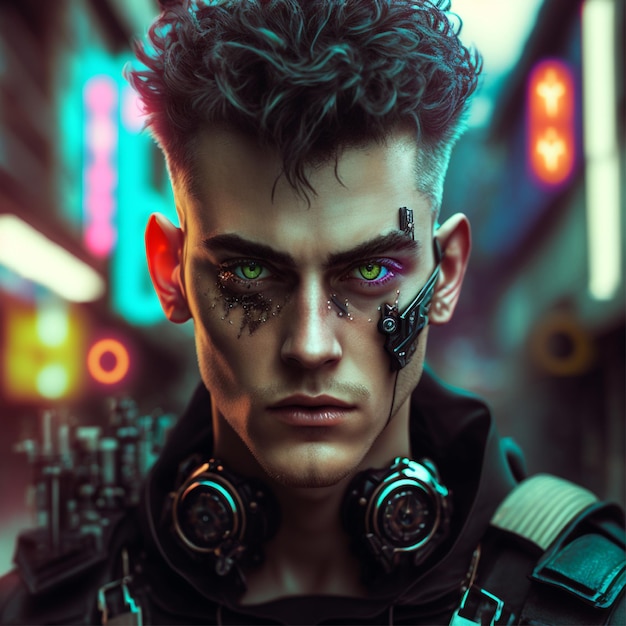 cyberpunk man portrait futuristic neon style