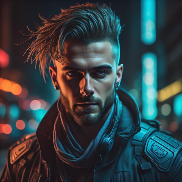 Cyberpunk man portrait futuristic and neon style