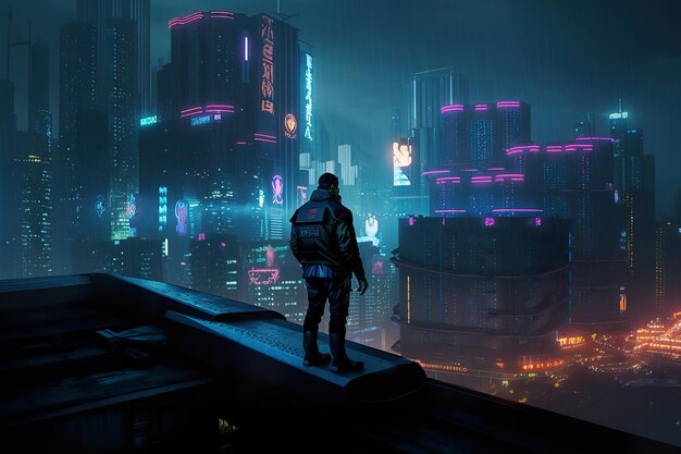 Premium AI Image | Cyberpunk man standing on a cliff