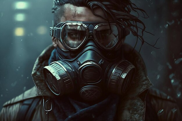 Cyberpunk Man Wearing Gas Mask with Protective Glasses and Filters AI