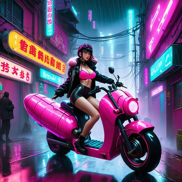 Cyberpunk meisje in een neon verlichte steeg rijdt op een gigantische worst transport