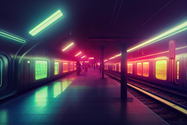 Cyberpunk-metro Met neon-achtergrondverlichtingcontouren Retro-golfstijl