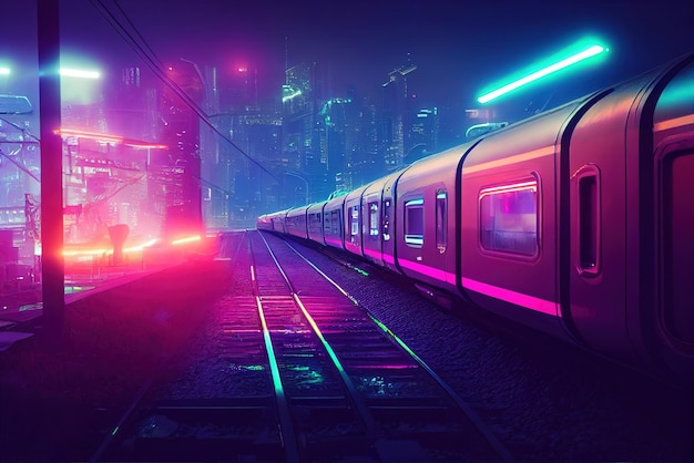 Cyberpunk-metro Met neon-achtergrondverlichtingcontouren Retro-golfstijl