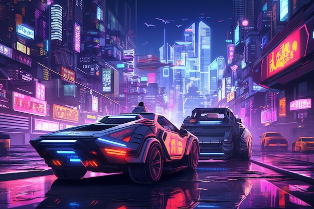 An Cyberpunk Metropolis Neonlit Future Cityscape with Hovercars