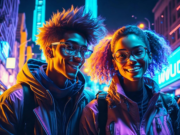 Cyberpunk modieuze jongen meisje neon verlichting achtergrond