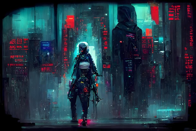 Cyberpunk moordenaar figuur in nacht cyberpunk stijl neon verlichte stadsomgeving neuraal netwerk gegenereerde kunst
