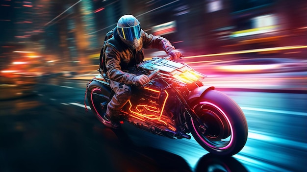 Cyberpunk motorbike driver blurred neon city background