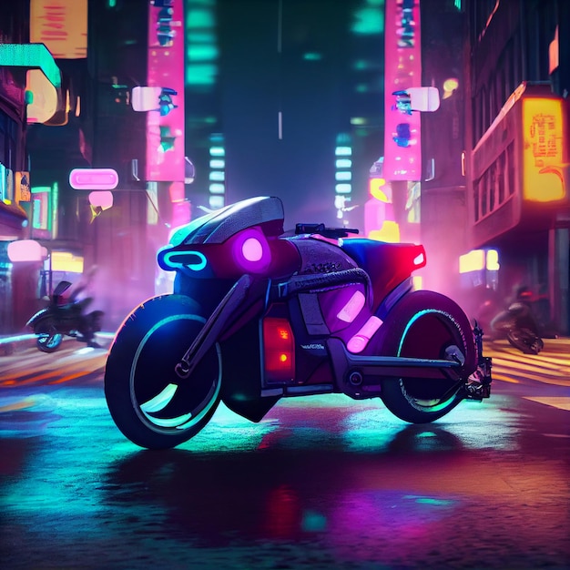 Cyberpunk motorcycle or motorbike in street with neon lights