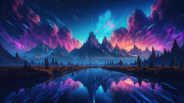 Cyberpunk mountain landscape abstract background for desktop Picturesque