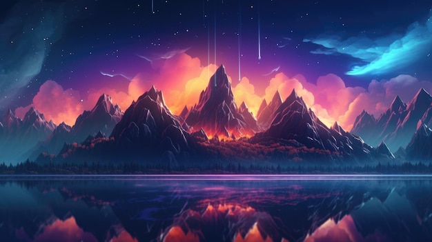 Cyberpunk mountain landscape abstract background for desktop wallpaper with retrowave design city in geometric shape Picturesque generative AI