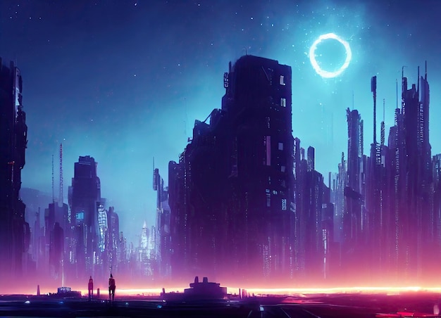 Cyberpunk nacht stad achtergrond Blauwe sterrenhemel met heldere maan