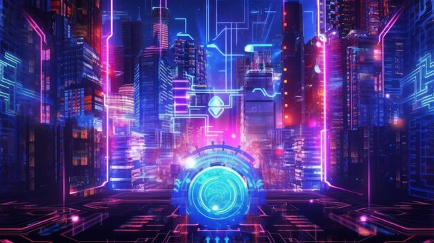 Cyberpunk Neon achtergrond met HiTech Symbols AI gegenereerd