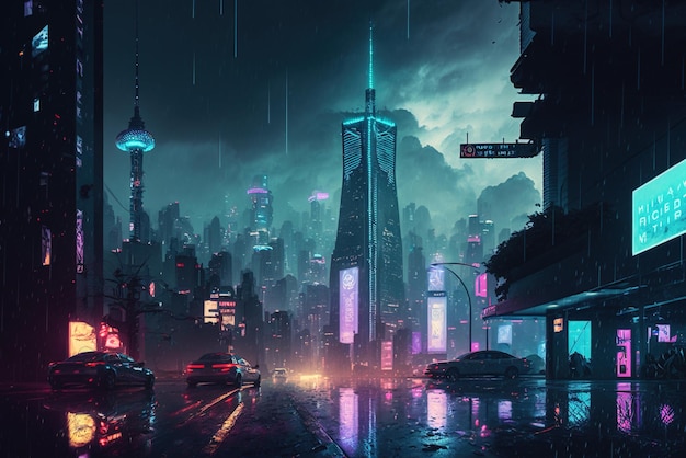 Киберпанк неоновый город ночью футуристические здания и телебашня в дождь генеративный ИИ