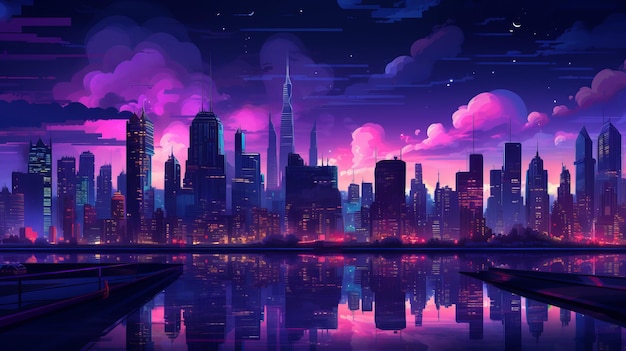 Cyberpunk neon city night. Futuristic city scene in a style of pixel art.  80's wallpaper. Retro future 3D illustration. Urban scene. Stock  Illustration