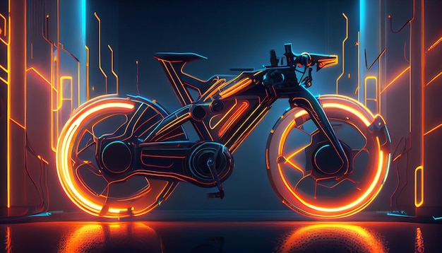 Cyberpunk neon elektrische fiets blauw Concept achtergrond Futuristische stijl concept fiets met neon wielen Generatieve AIxA