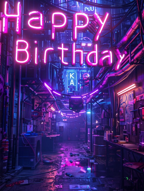 Photo cyberpunk neon happy birthday alley