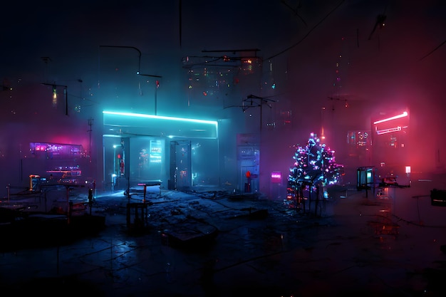 Via della città illuminata al neon cyberpunk alla rete neurale della notte di natale ai generata arte