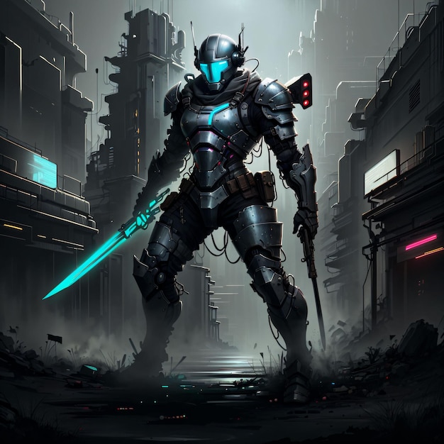 Cyberpunk neon Soldier with sword