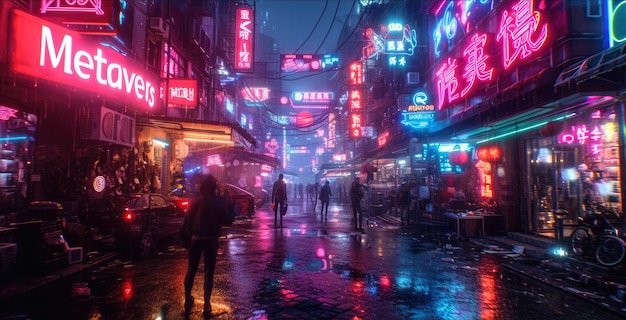 Cyberpunk neon stad's nachts winkelbord Metaverse in donkere stad in regen natte futuristische straat met rood paars en blauw licht Concept van toekomstige virtuele realiteit spel dystopie