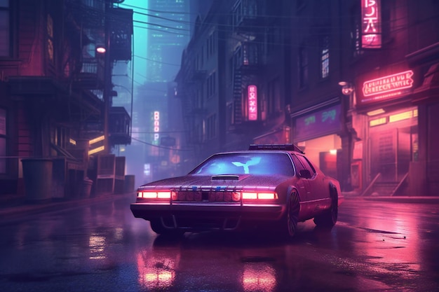 Cyberpunk night city in the rain with futuristic car and soft fog ray tracing reflections