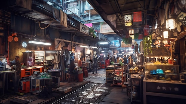 Cyberpunk night market A vibrant night market in futuristic city