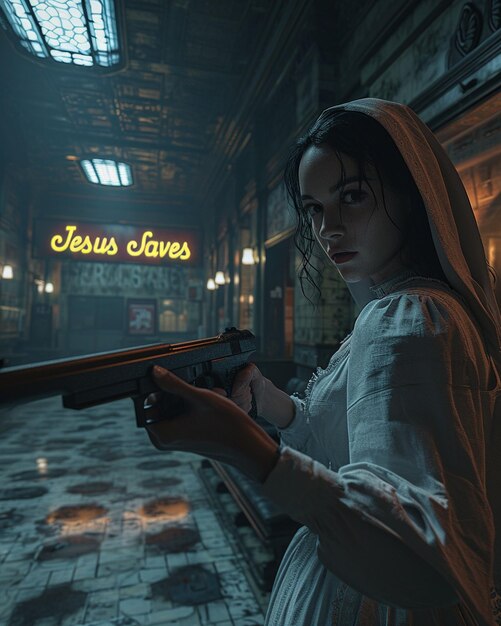 Photo a cyberpunk nun is pointing with a gun