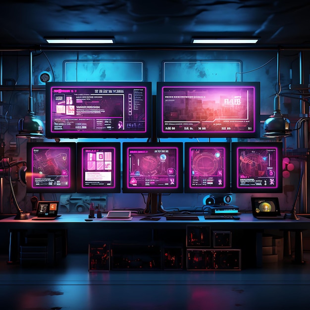 A cyberpunk office frame futuristic workstations and holograph 2d clipart tshirt overlay concept