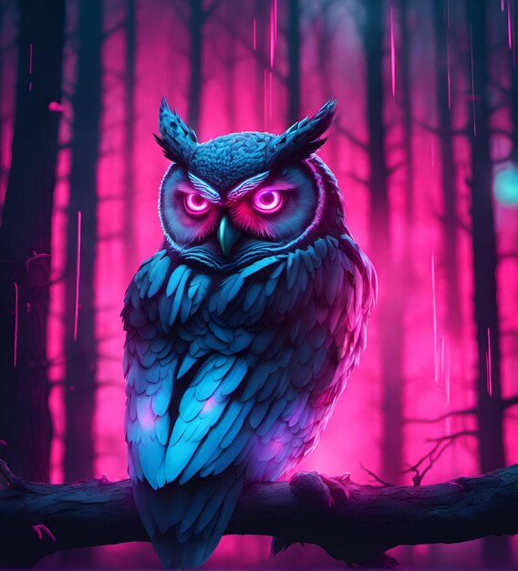 Cyberpunk owl in neon lighting futuristic photorealistic illustration