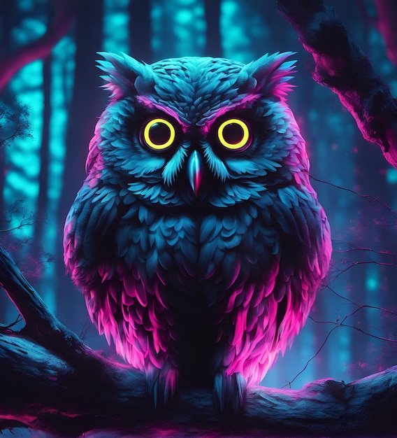 Cyberpunk owl in neon lighting futuristic photorealistic illustration