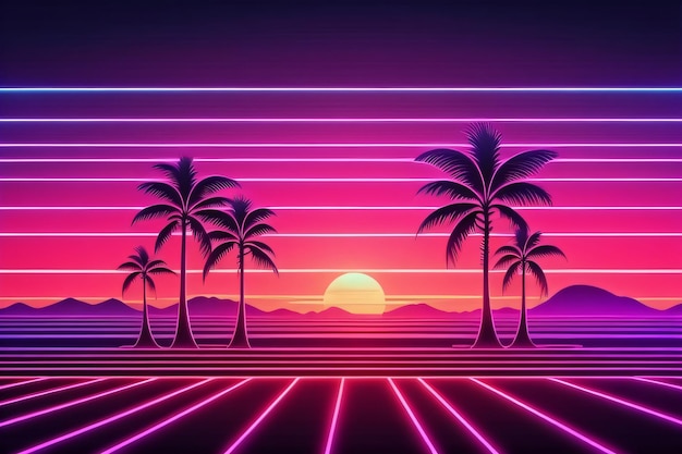 Cyberpunk Palm Trees Synthwave Retro cool background wallpaper with generative AI