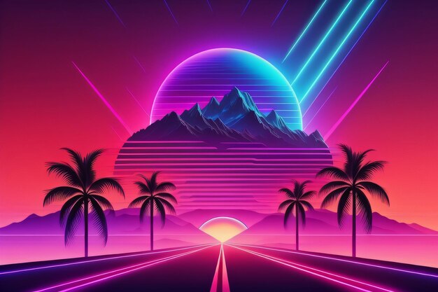 Cyberpunk Palm Trees Synthwave Retro coole achtergrond behang met generatieve AI