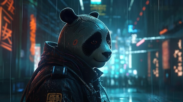 Cyberpunk panda digital art illustration Generative AI