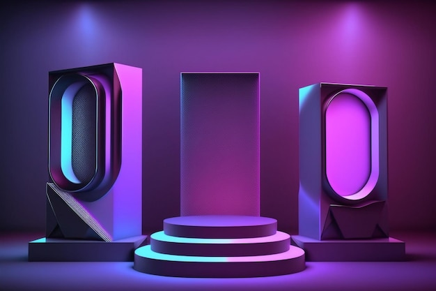 Cyberpunk pedestals on neon background Created with Generative AI