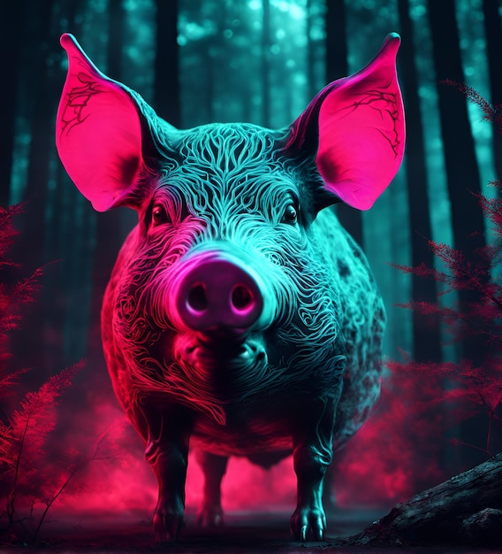 Киберпанк-свинья в неоновом освещении футуристическая фотореалистичная иллюстрация