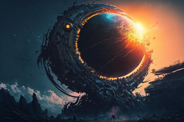 Cyberpunk planet solar systempunk the entire universe is\
collapsing in on itself human in the ruined city destroyed earth\
digital painting concept apocalypse black hole in space