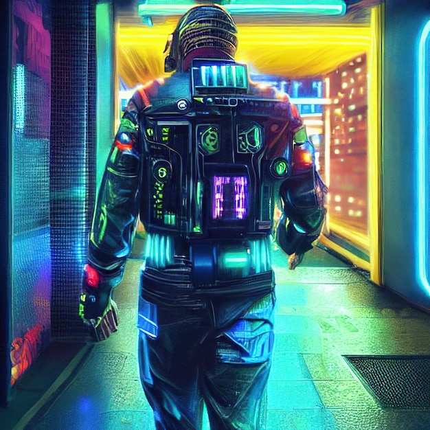 Cyberpunk player back view against the background of a neon city street