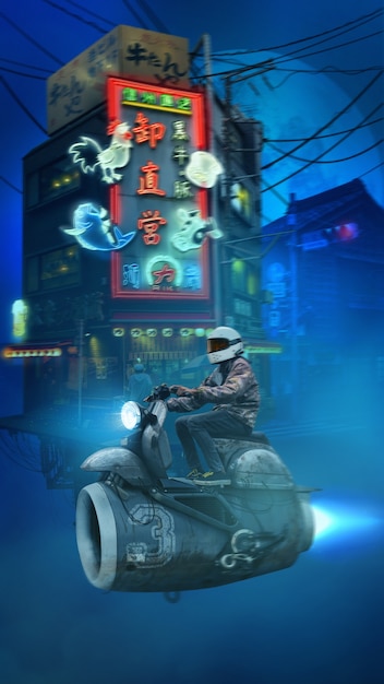 Cyberpunk portrait with man wearing helmet