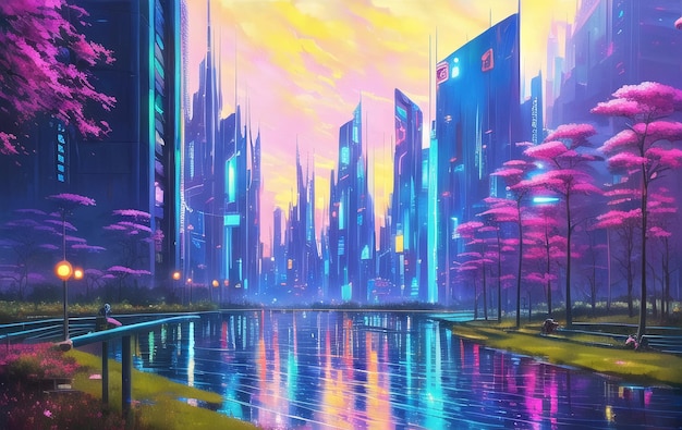 Cyberpunk Poster 80s style Retro style neon futuristic landscape night city ai generated