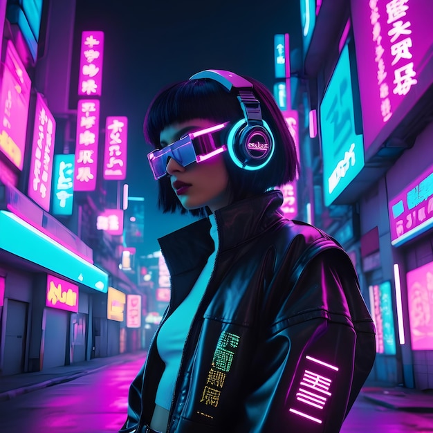 Photo cyberpunk potrait girl at city neon lights