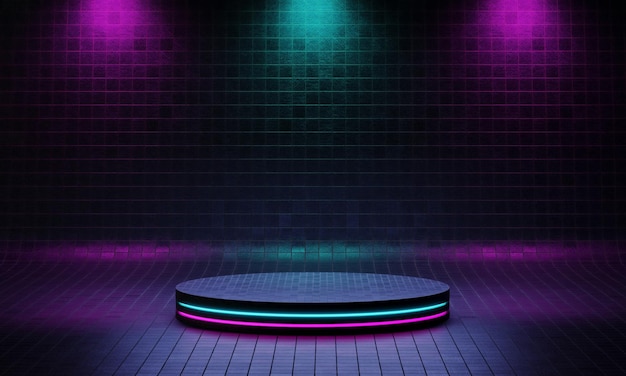 Cyberpunk product podium platform studio met blauwe en violette spotlight en grunge stijl getextureerde achtergrond Retro podium en futuristische scène concept 3D illustratie grafische weergave