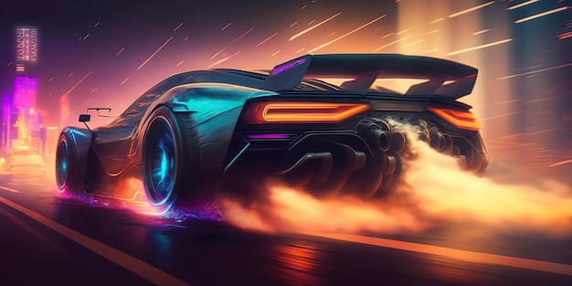 Cyberpunk racing car drifting highspeed driving mega cybercity background AI Generated